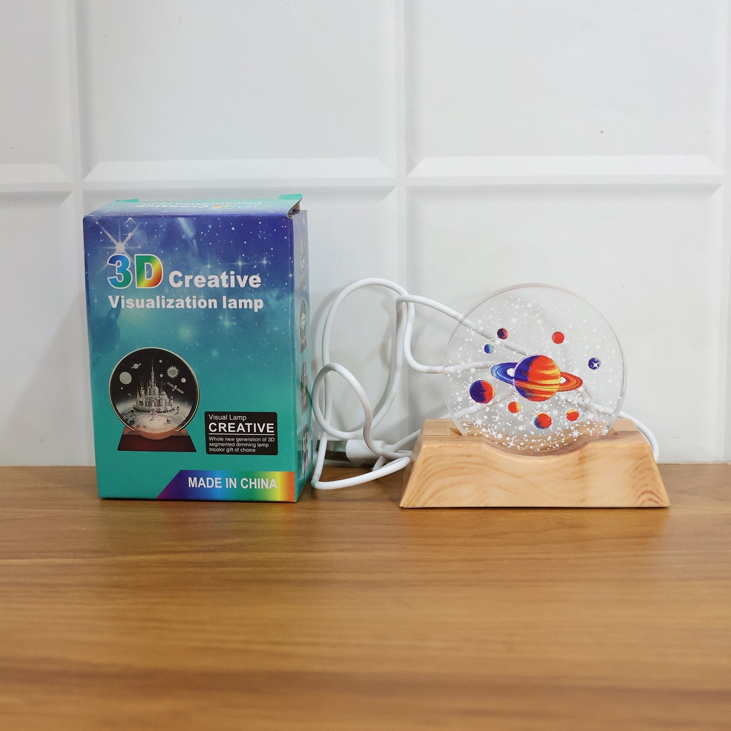 Wooden base supporting 3D LED planet night light lamp