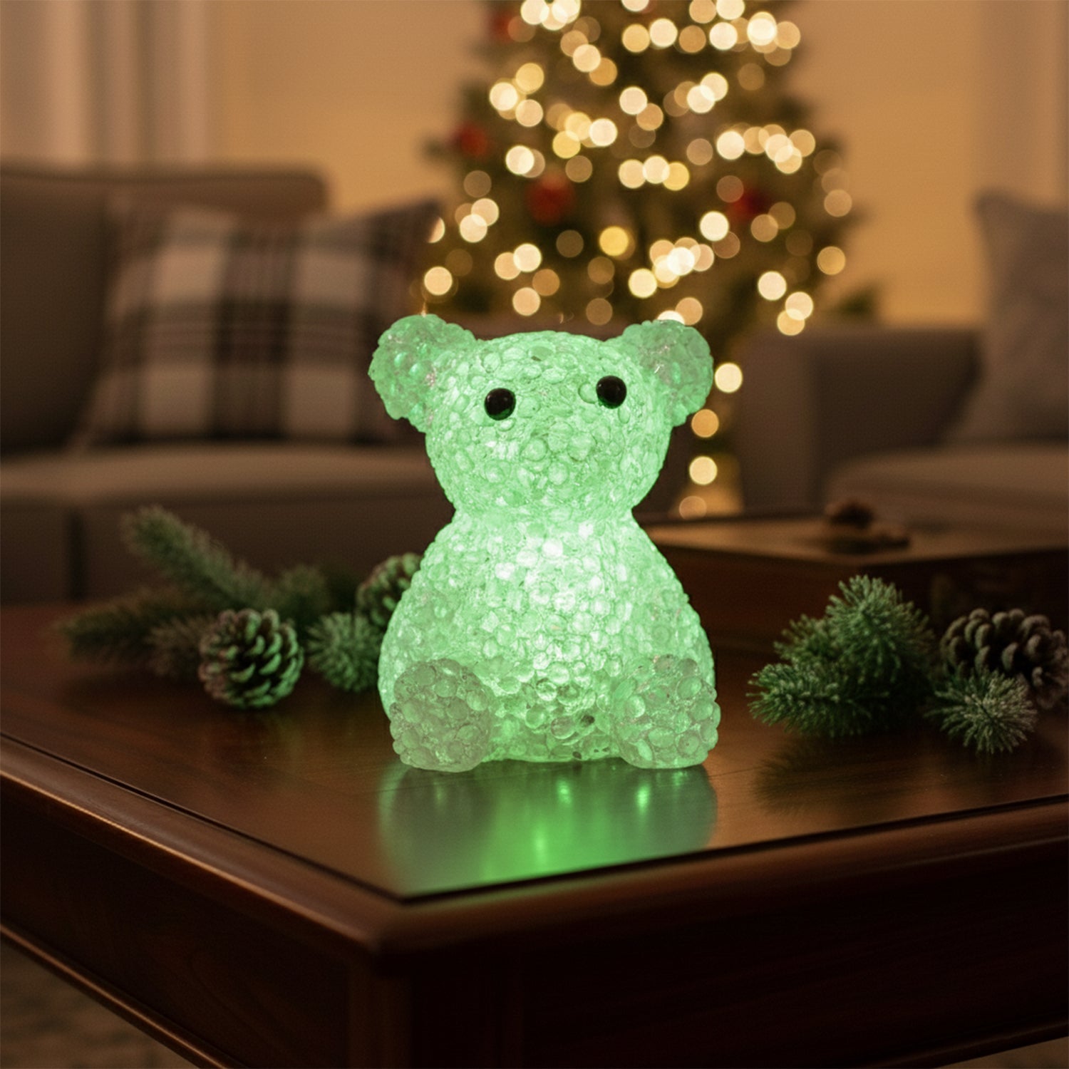 Close-up of bear-shaped LED lamp showing textured surface and light