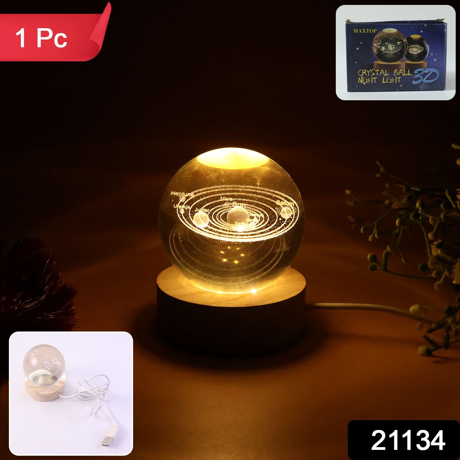 Decorative LED night light with intricate 3D crystal planetary engraving