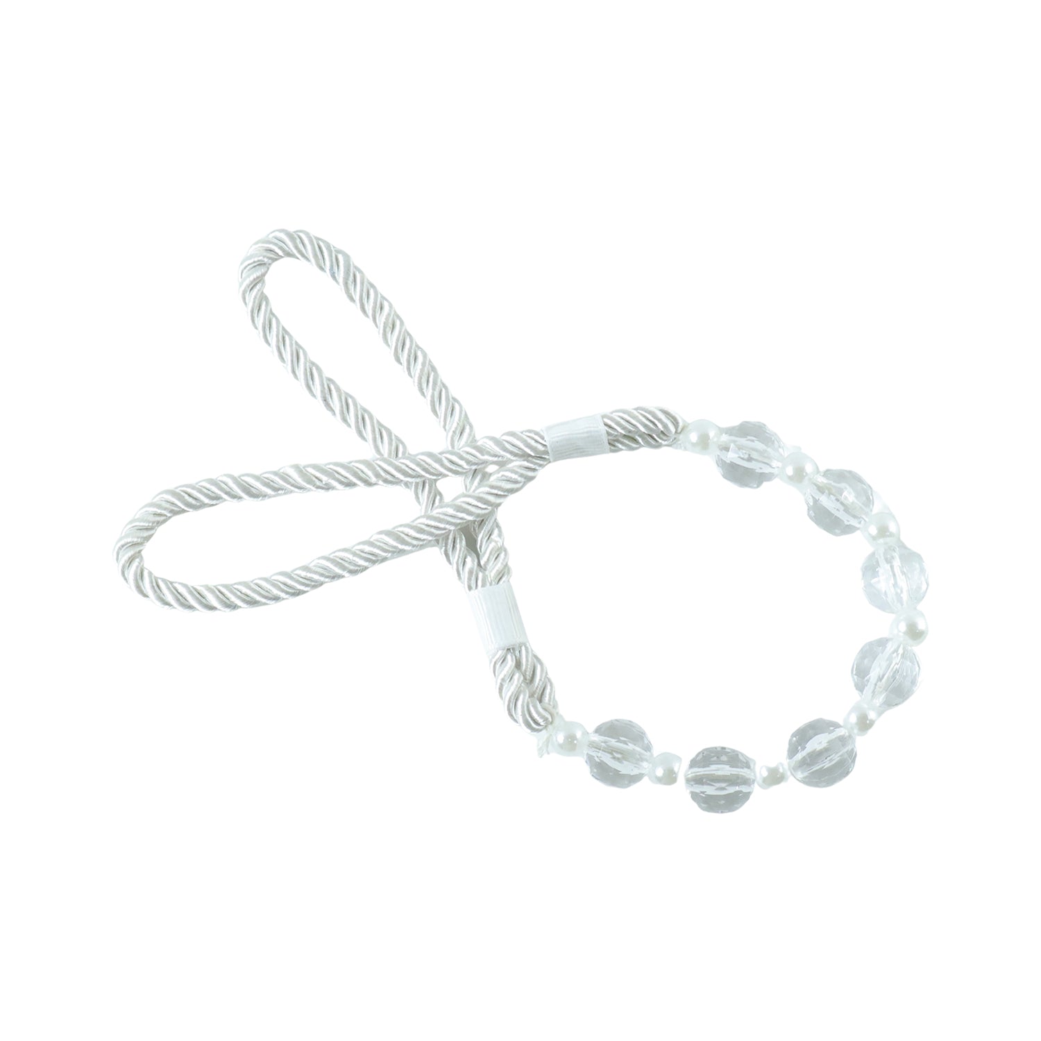 Pearl beaded curtain tieback rope in use for home decor