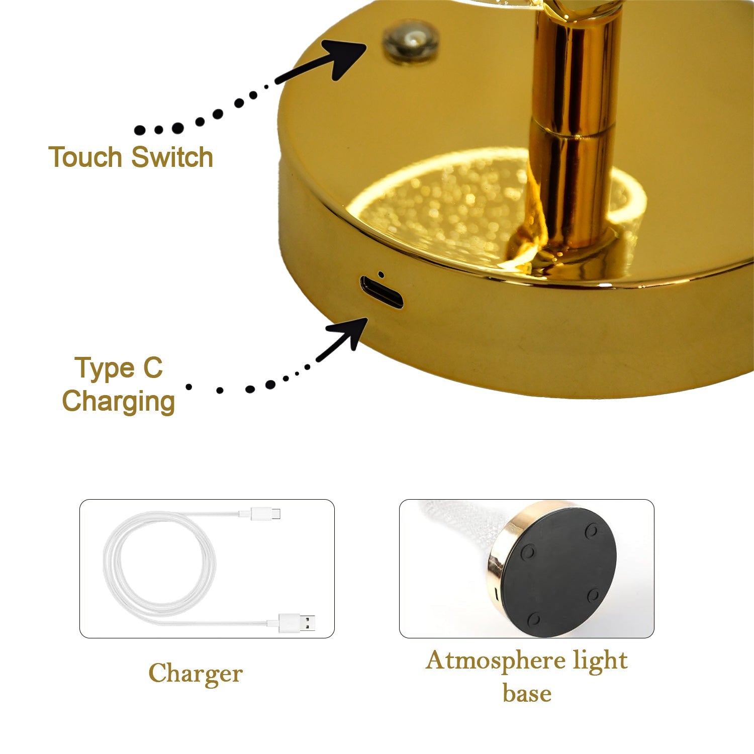 Modern crystal table lamp featuring warm LED light and golden base