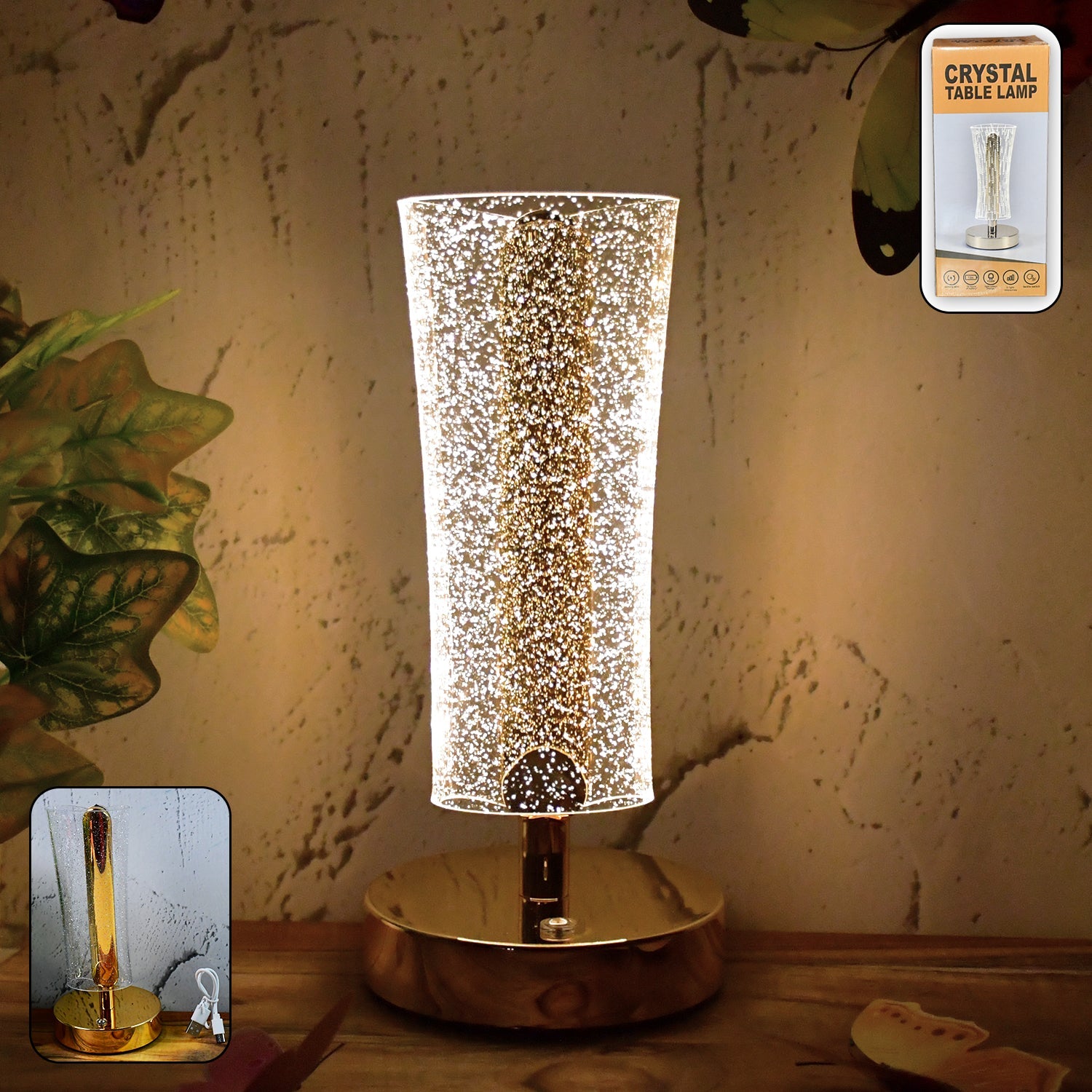 Crystal table lamp with sparkle acrylic shade and golden base illuminating softly