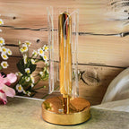 Crystal table lamp in tall cylinder shape with glowing LED light for bedside