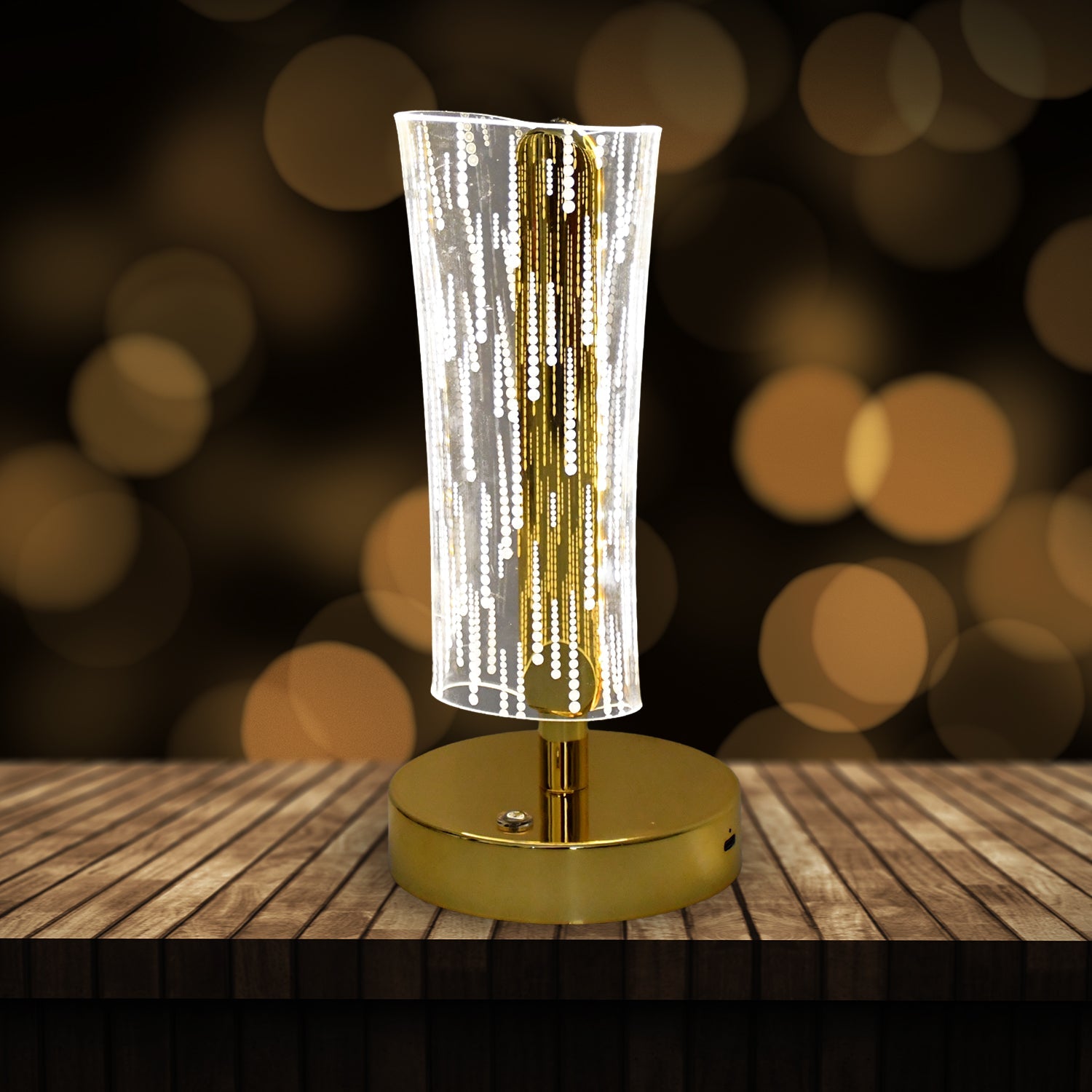 Crystal table lamp softly glowing with intricate LED cascade pattern