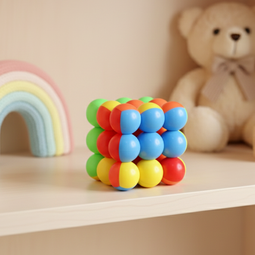 Close-up of the colorful puzzle cube with smooth balls for cognitive play