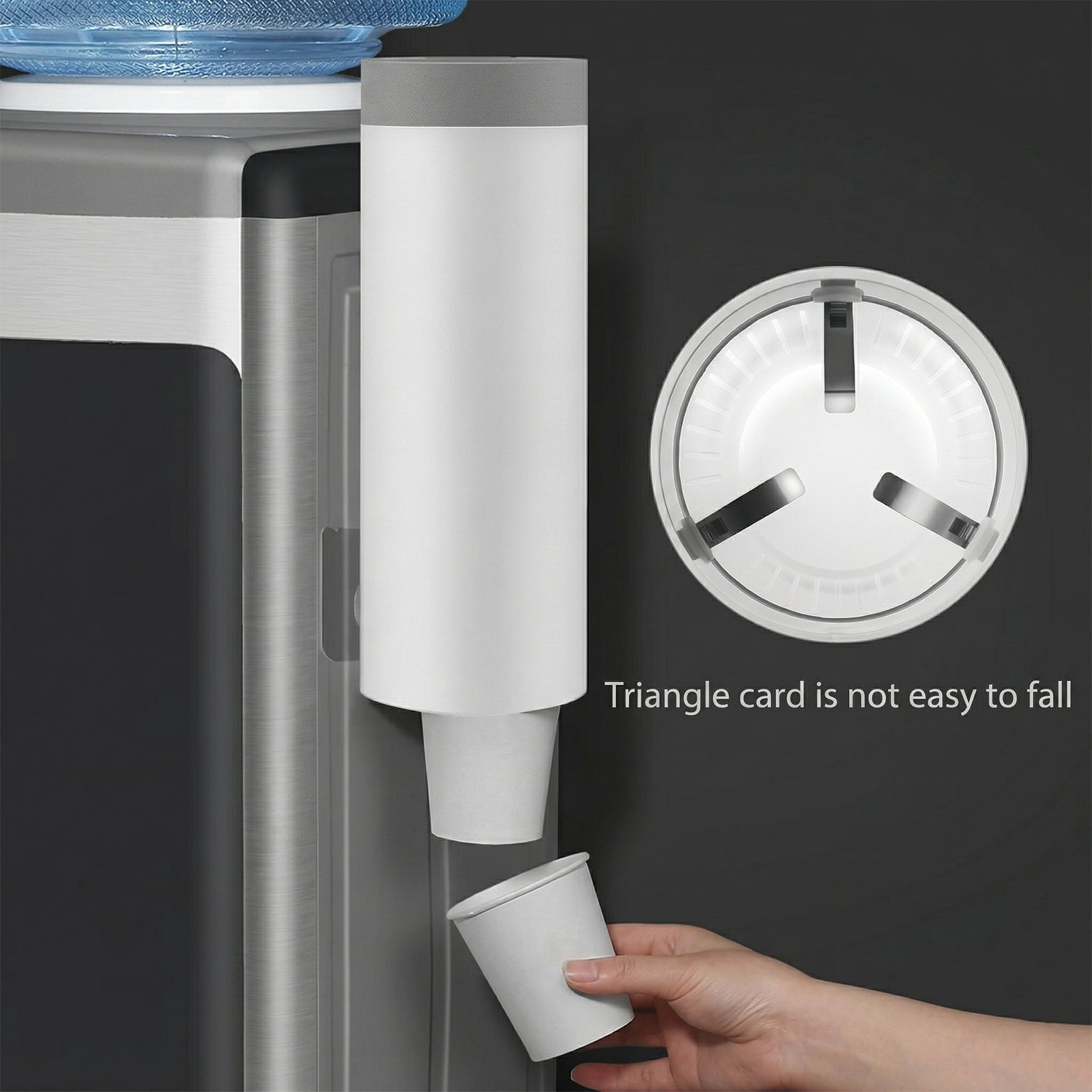 Close-up of dispenser showing cup dispensing slot