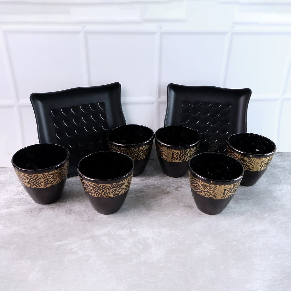 Complete 8-piece ceramic bowl and cup set elegantly displayed for dining.