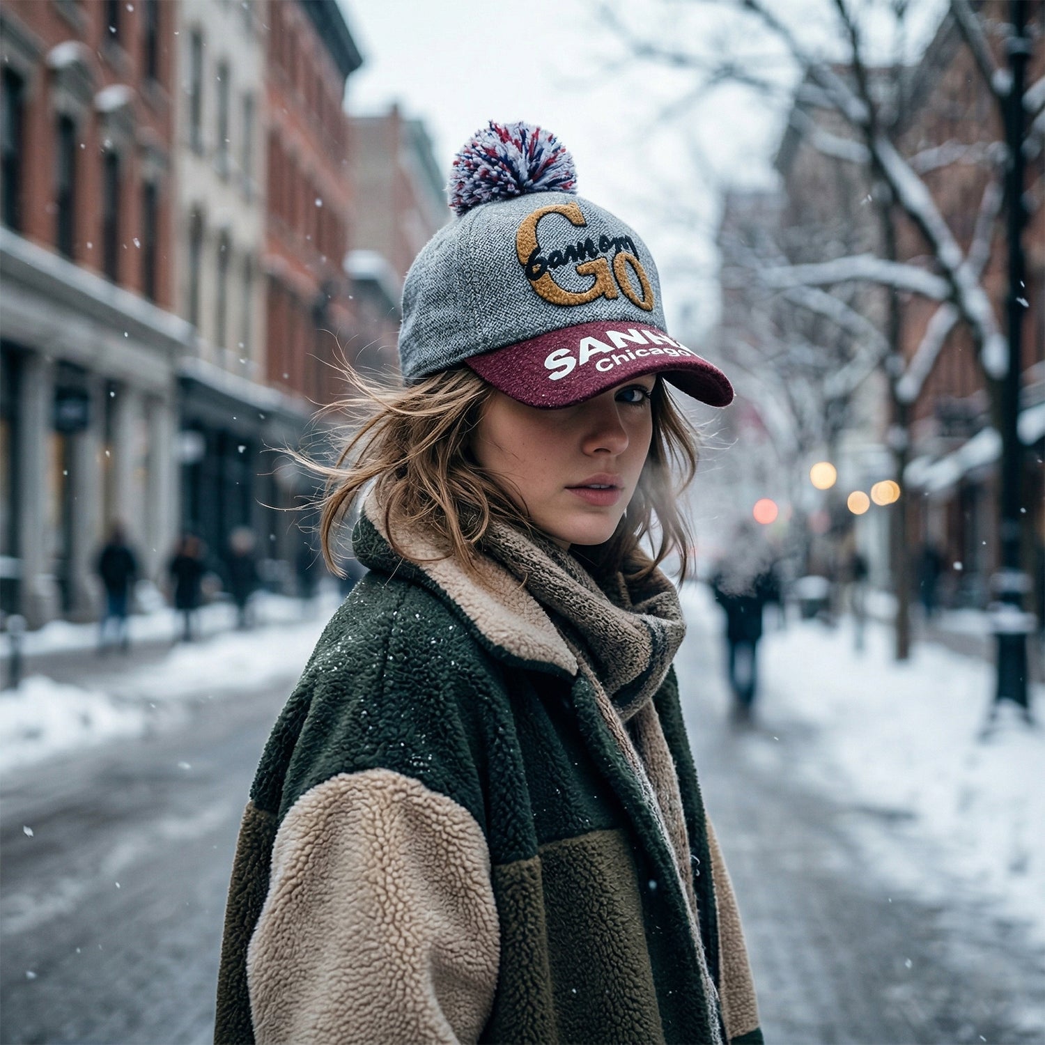 Close-up of winter woolen cap with pom pom showcasing soft knit fabric