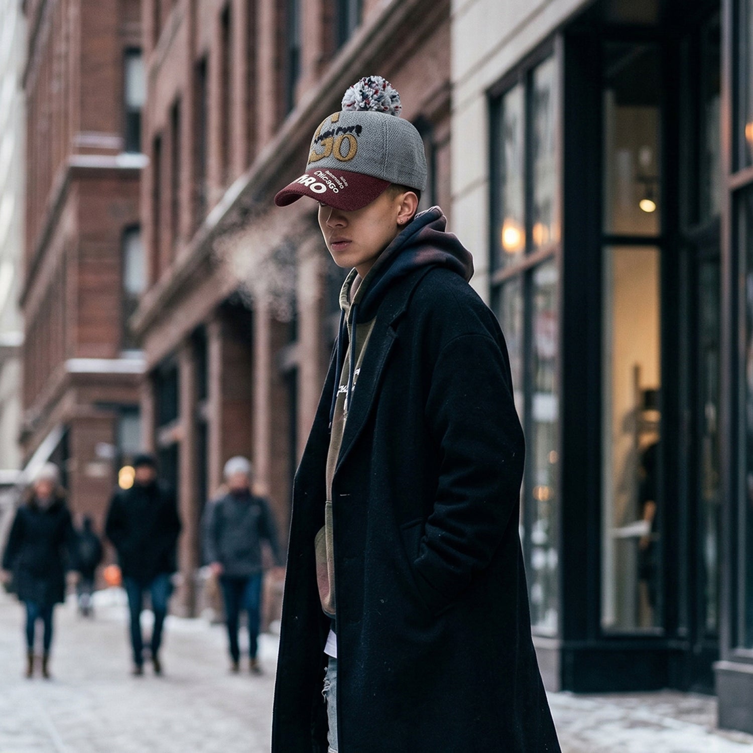 Side view of woolen baseball cap with pom pom for winter outdoor wear