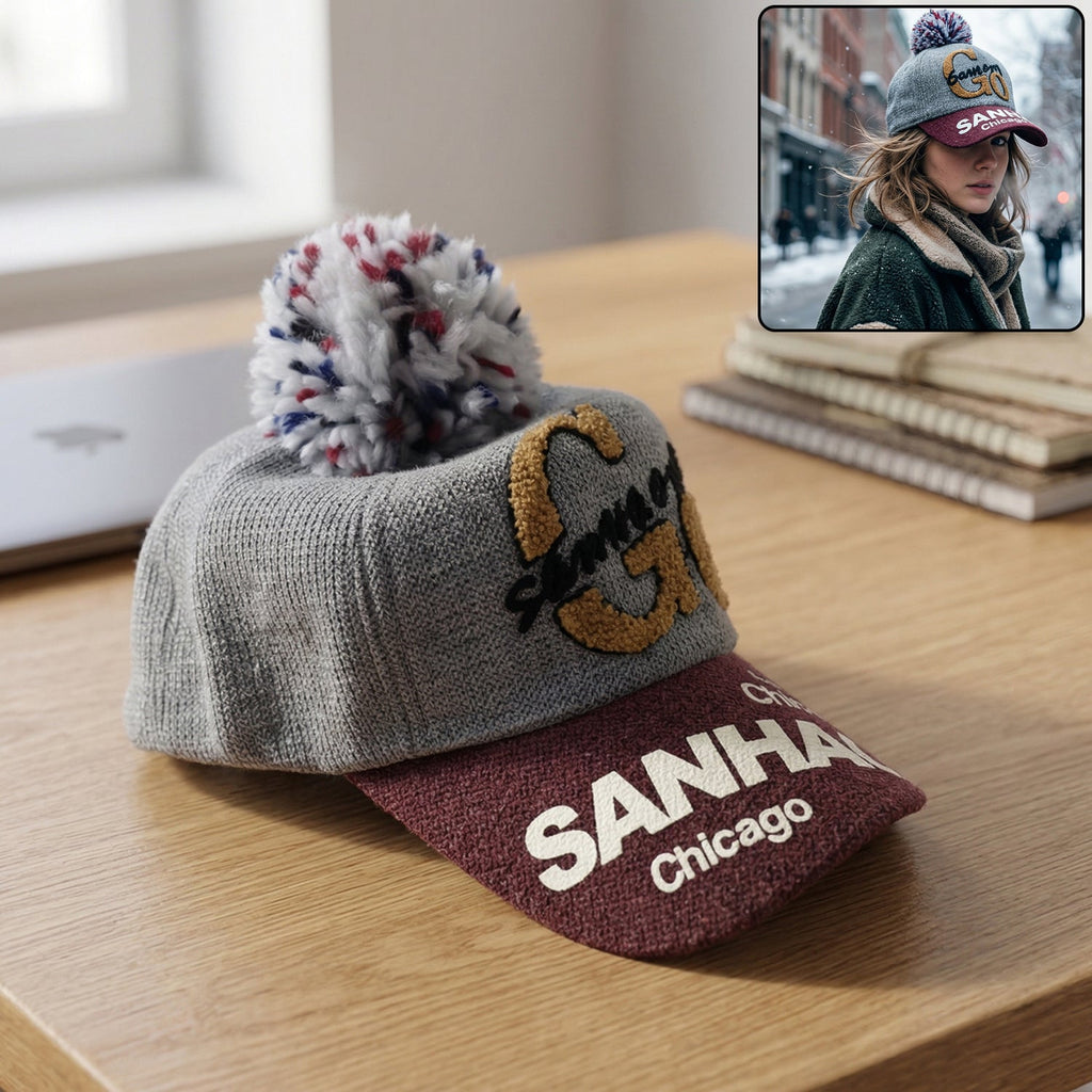 Elegant woolen baseball cap with pom pom, ideal for winter outings
