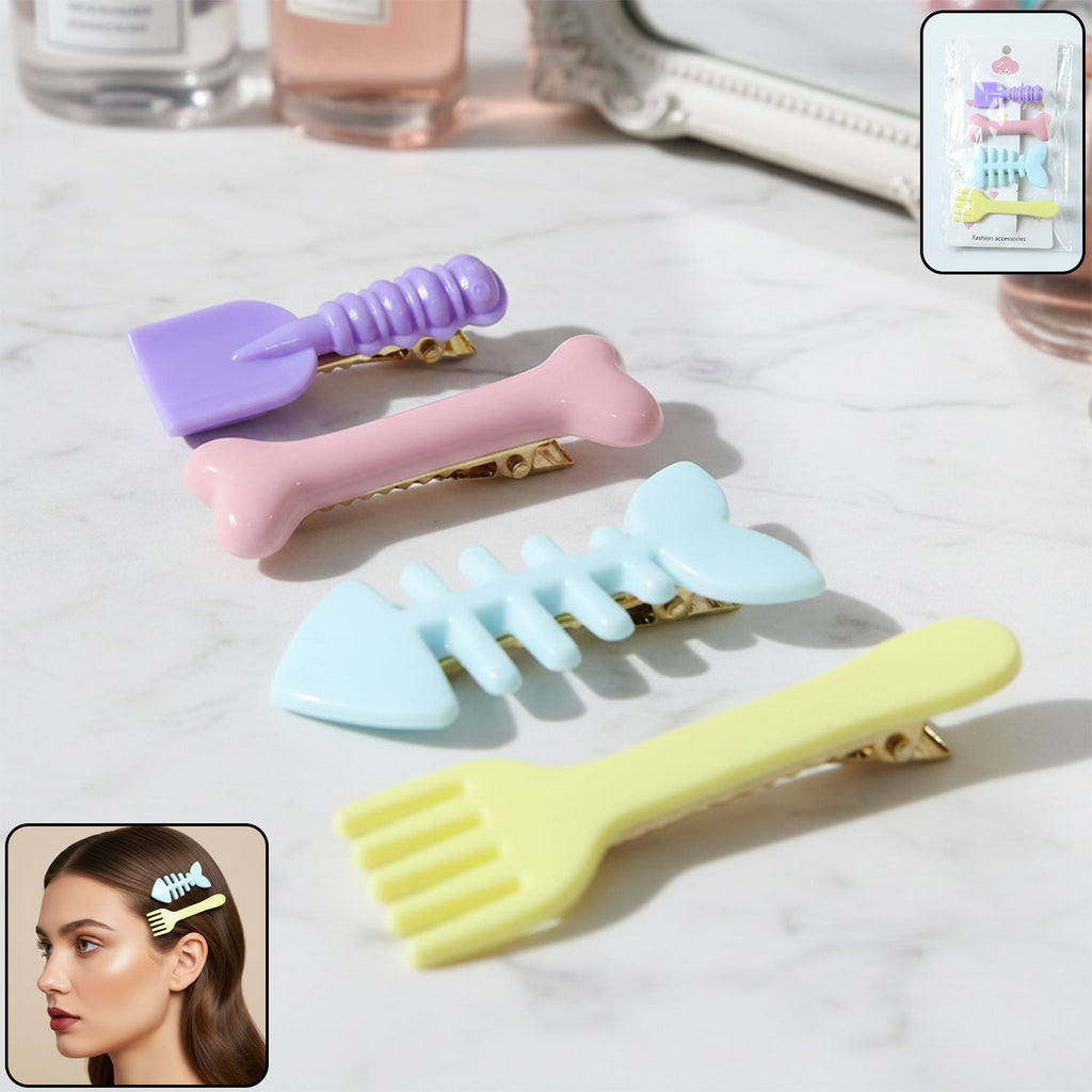Set of 4 food shape hair clips featuring fork, fish bone, and drumstick designs