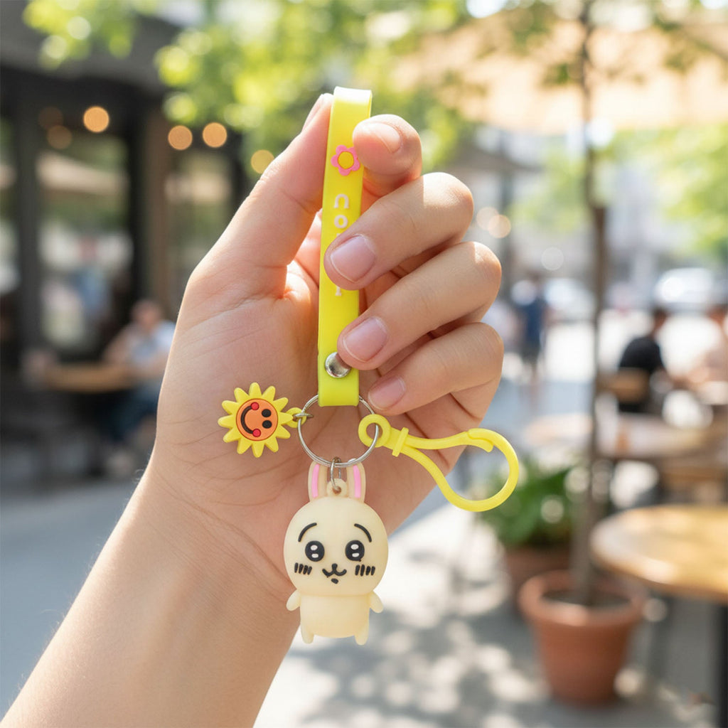 Adorable rabbit-shaped silicone key ring charm with vibrant strap