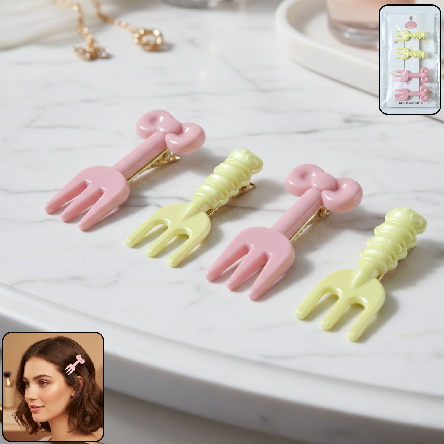 Pastel mini fork-shaped hair clips set showing unique design