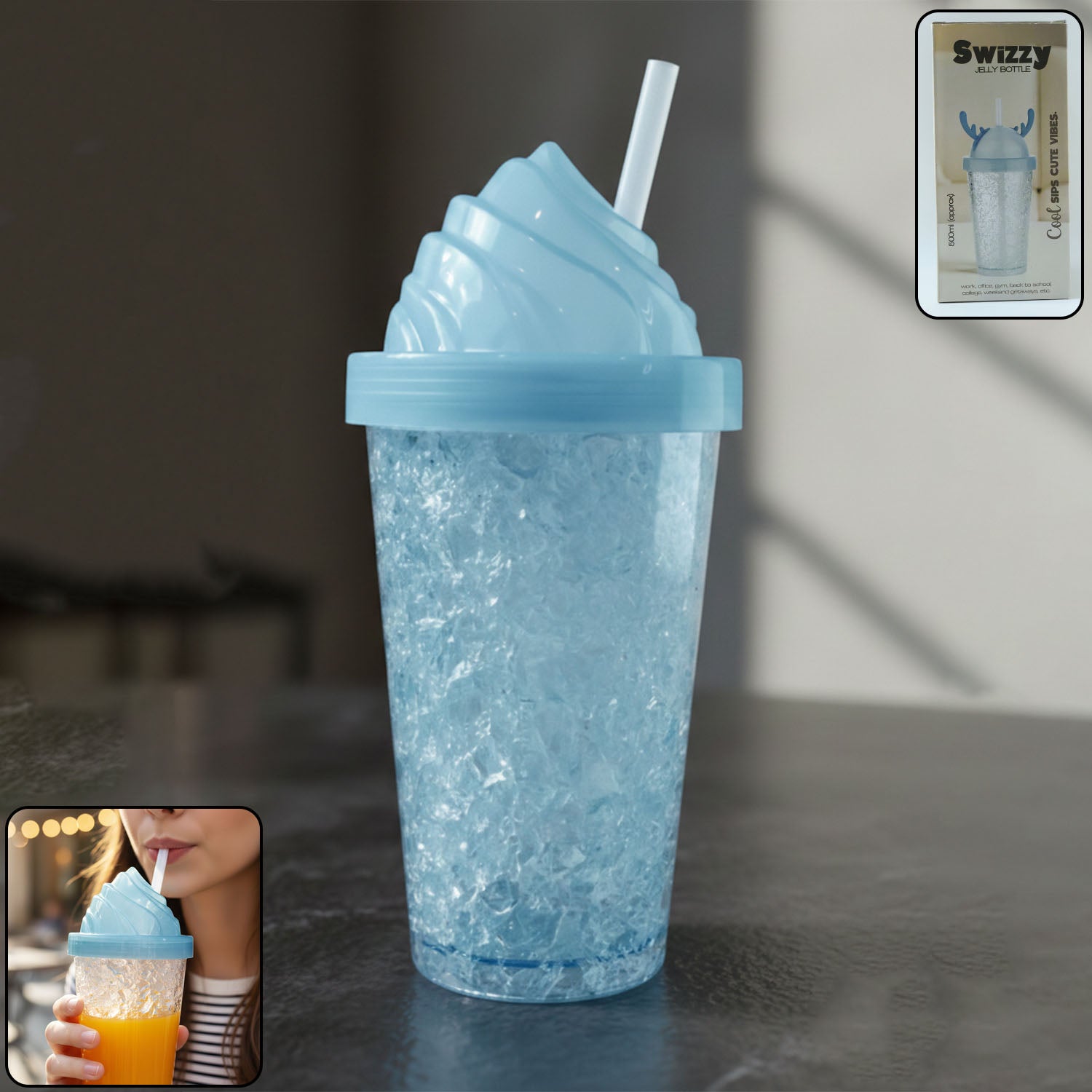 Ice cream swirl sipper bottle with built-in straw and textured grip