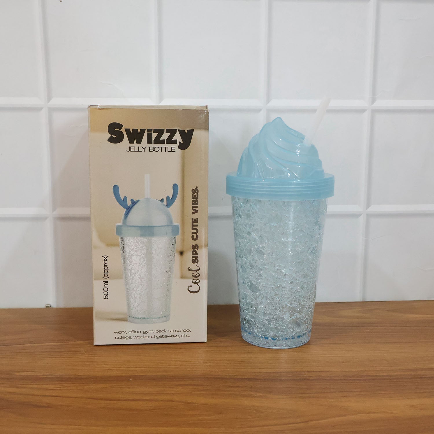 Lifestyle shot showing use of ice cream swirl tumbler bottle