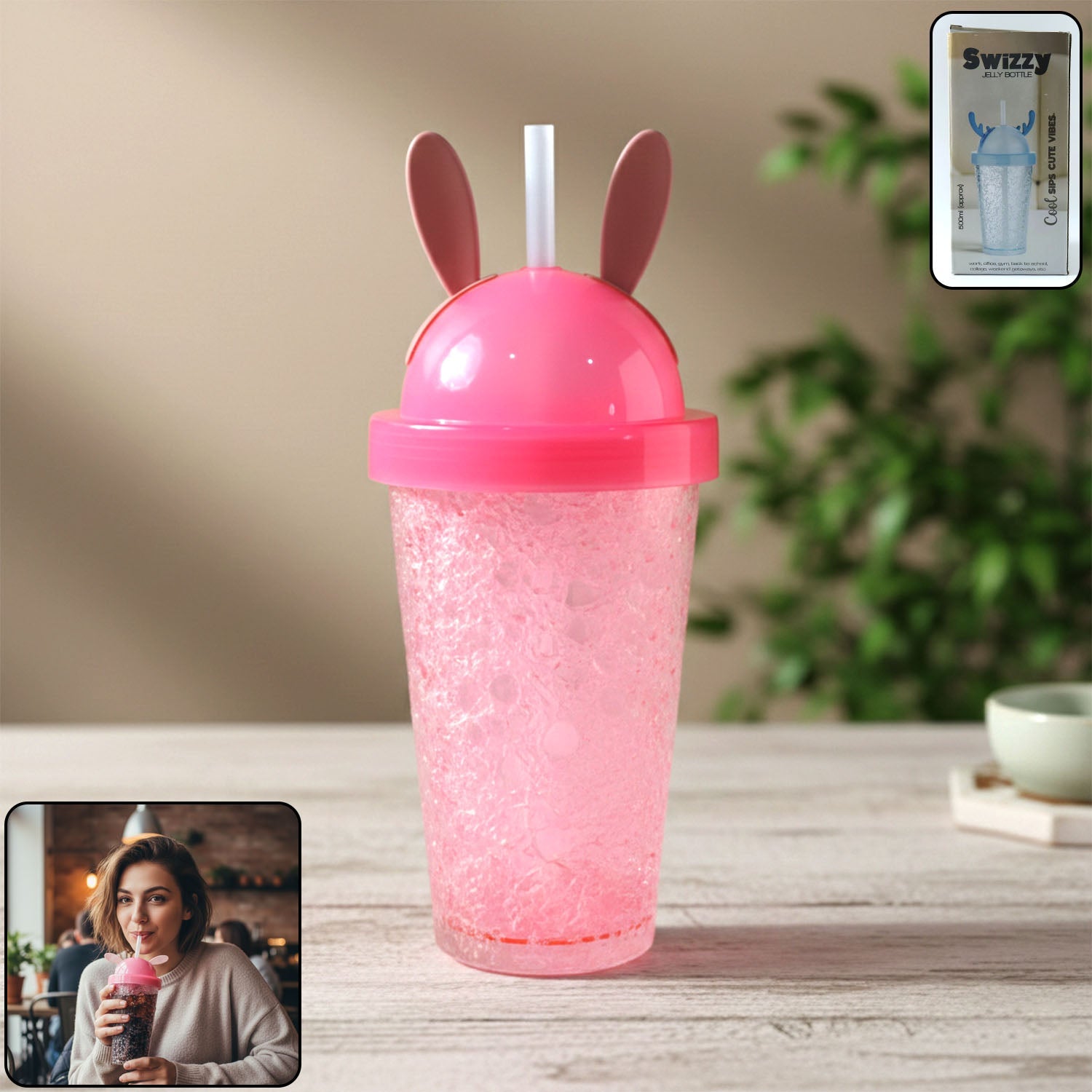 Cute bunny ear bottle featuring a spill-resistant straw lid in bright red