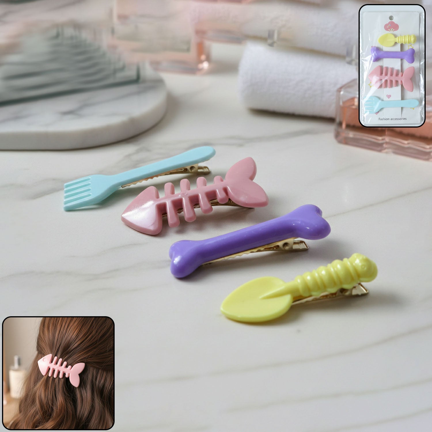 Set of four colourful cartoon hair clips for girls with animal and fruit designs.