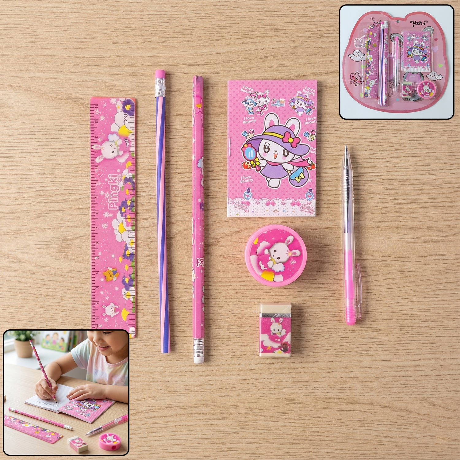 Pink 7-in-1 childrenÕs stationery components with playful designs