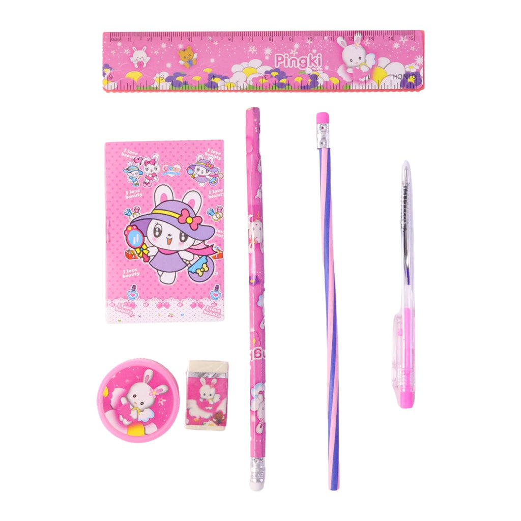 Complete pink kids stationery set displayed with all items