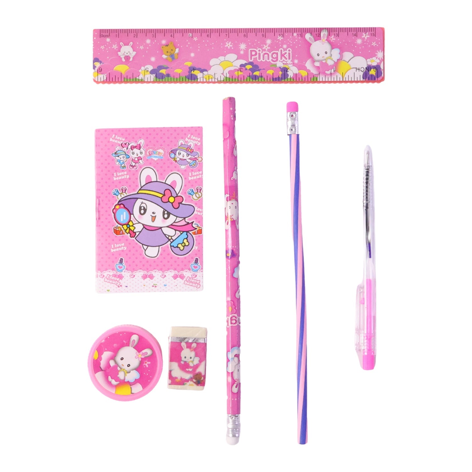 Complete pink kids stationery set displayed with all items
