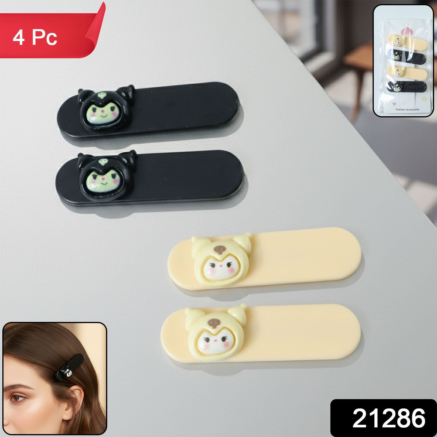 Close-up of snap hair clips featuring playful cartoon characters
