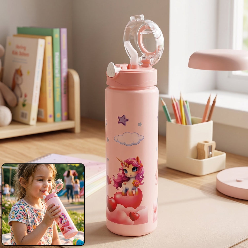 Cute princess cartoon water bottle for kids with flip straw lid