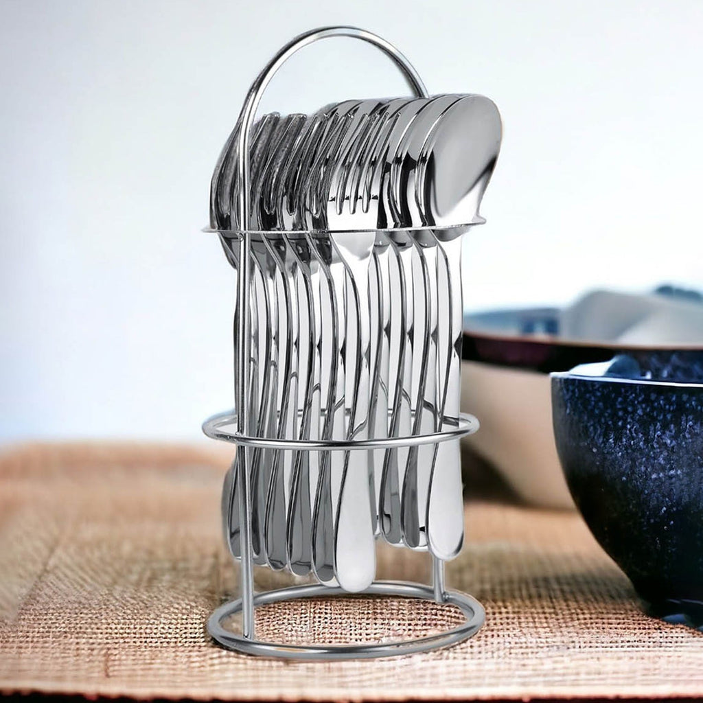 Elegant stand holding stainless steel cutlery set upright