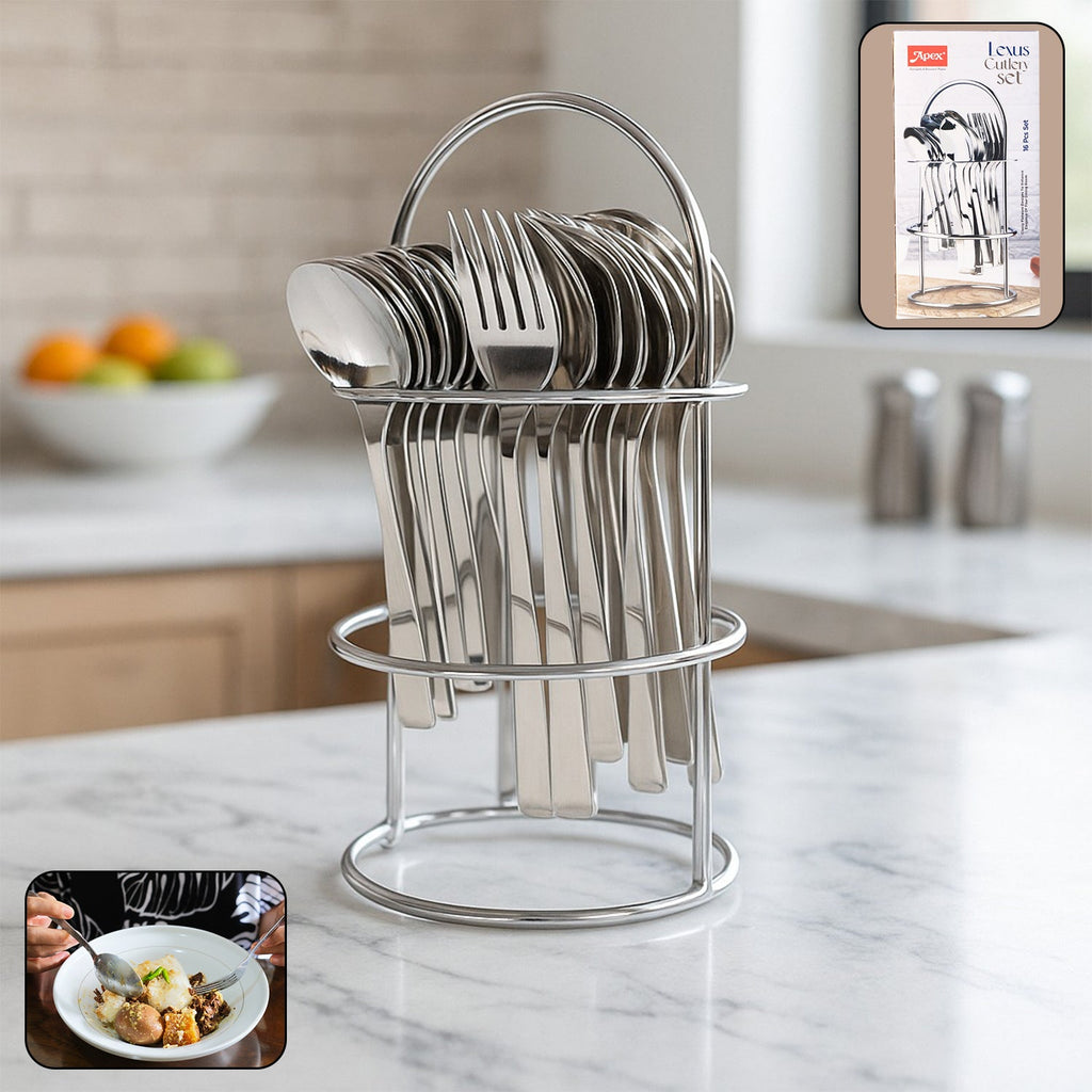 Stainless steel 16-piece cutlery set with stand on display