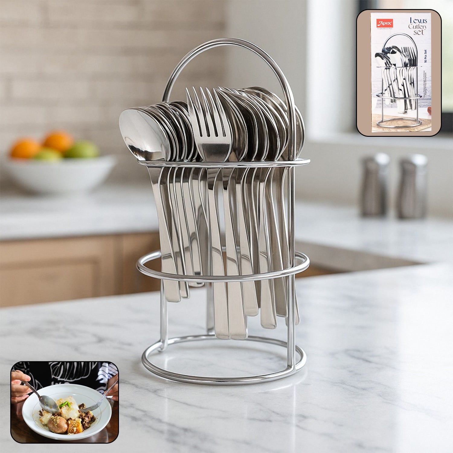 Stainless steel 16-piece cutlery set with stand on display