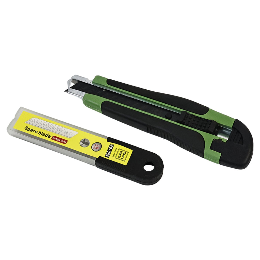 Cutter knife with blade extended and safety lock engaged