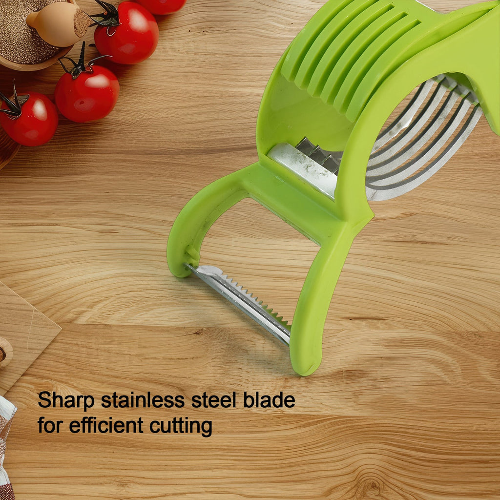 Durable plastic body and stainless steel blades of the Quickslice Vegetable Cutter, built to last.