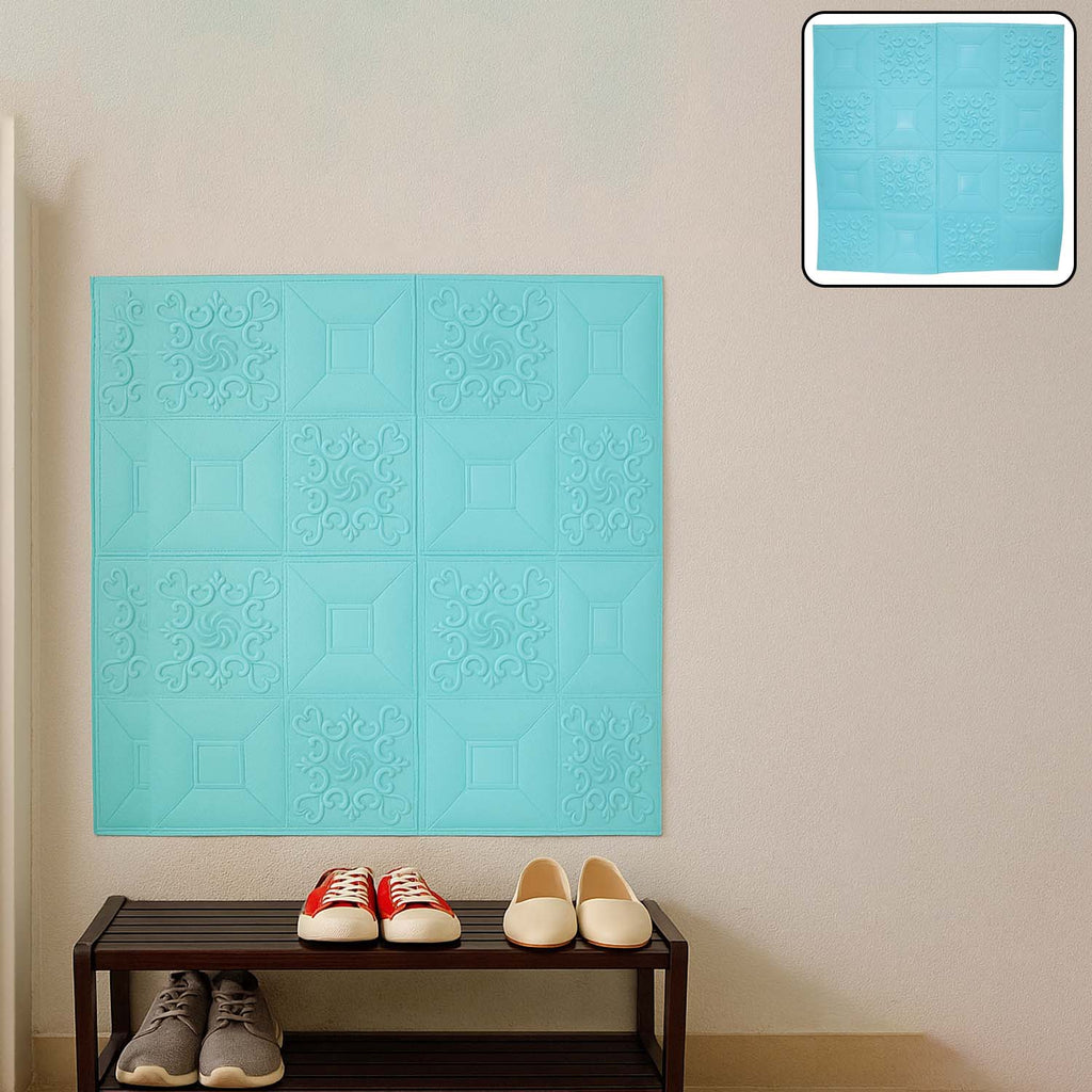 3D foam wallpaper panel in cyan color measuring 70x70 cm
