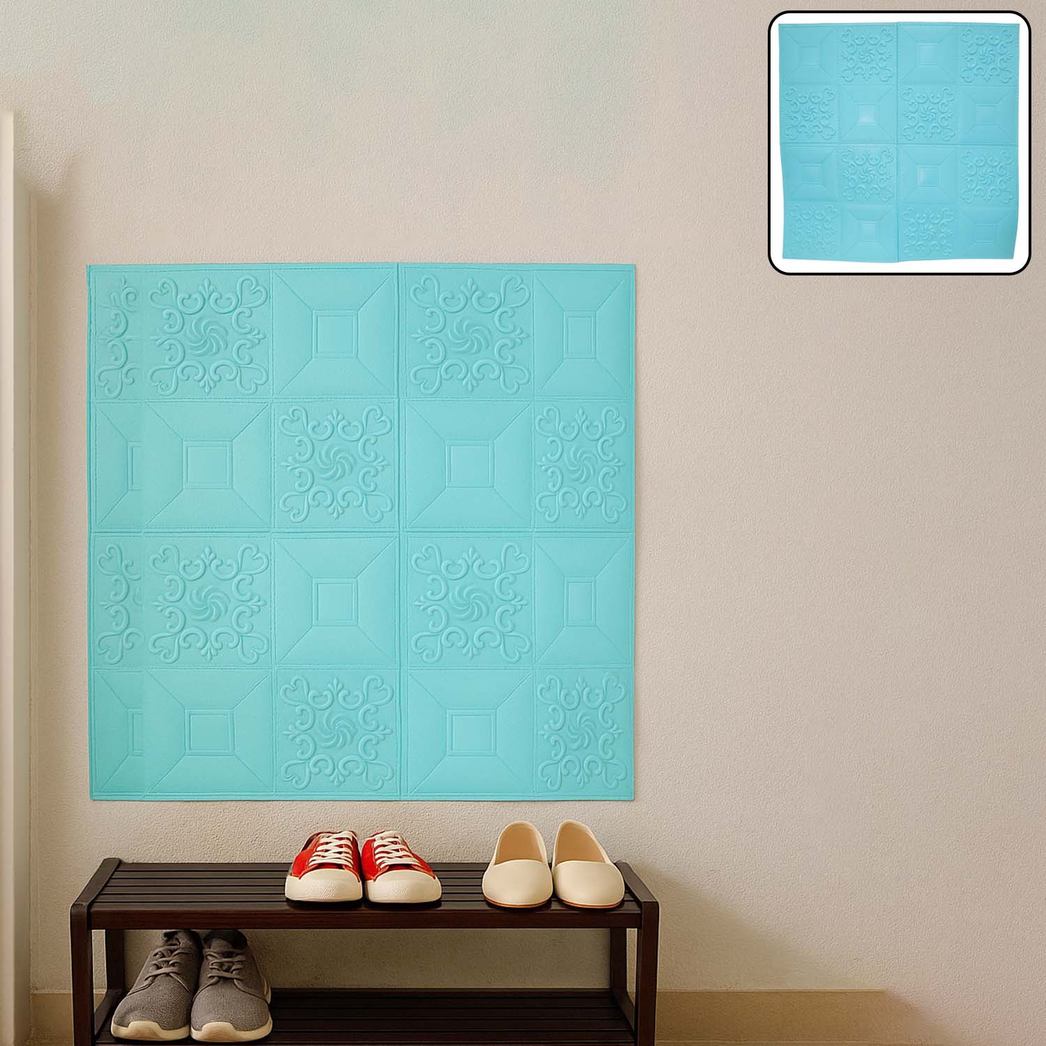 3D foam wallpaper panel in cyan color measuring 70x70 cm