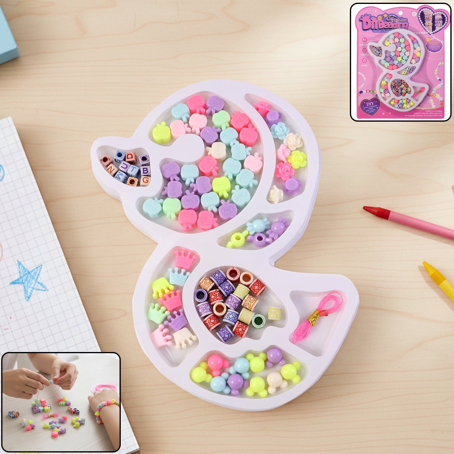 Kids beading and jewelry making kit with colorful beads in organized tray