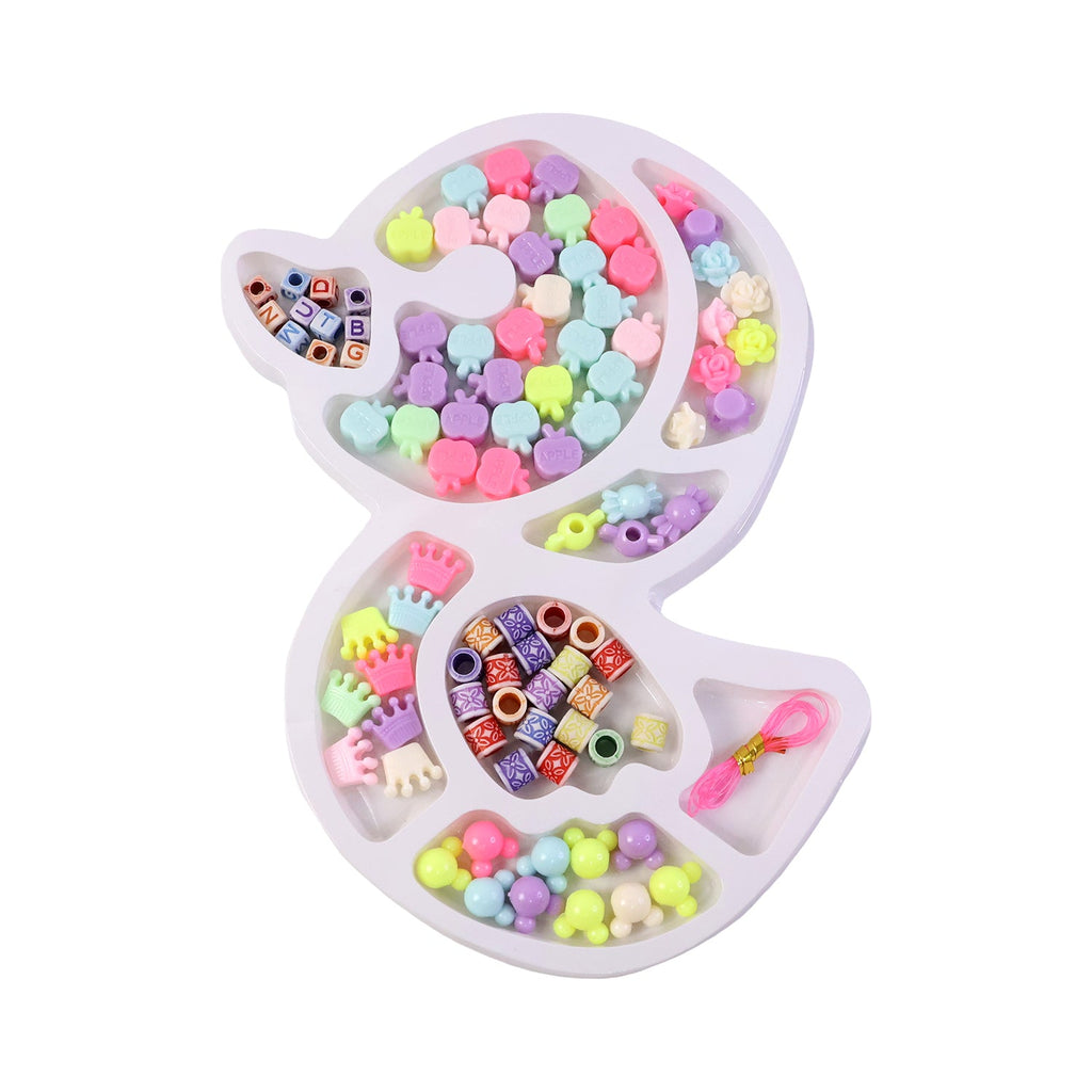 Kids craft kit showcasing beads, charms, and elastic thread for jewelry