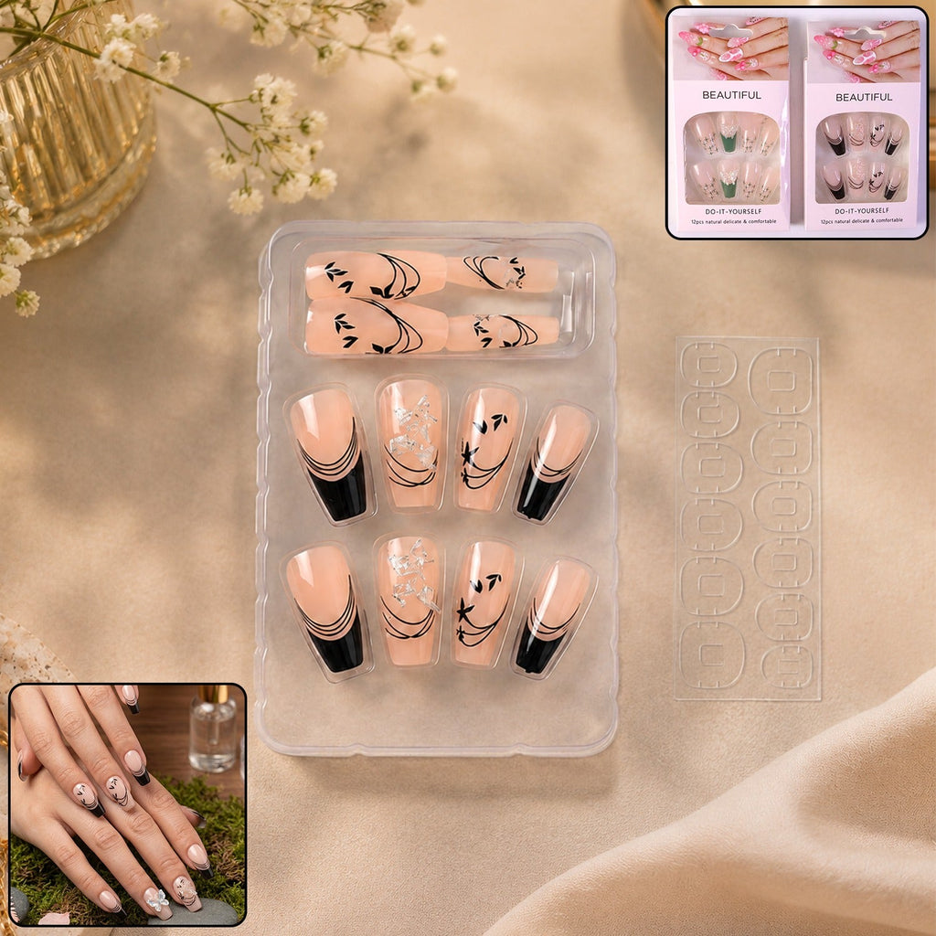 Burgundy artificial press-on nails set with white floral design, 12 reusable pieces