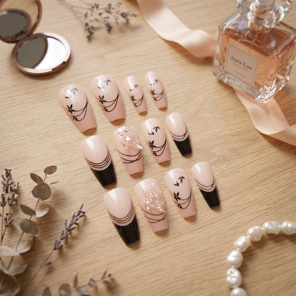 Glossy finish on burgundy floral artificial press-on nails for elegant look