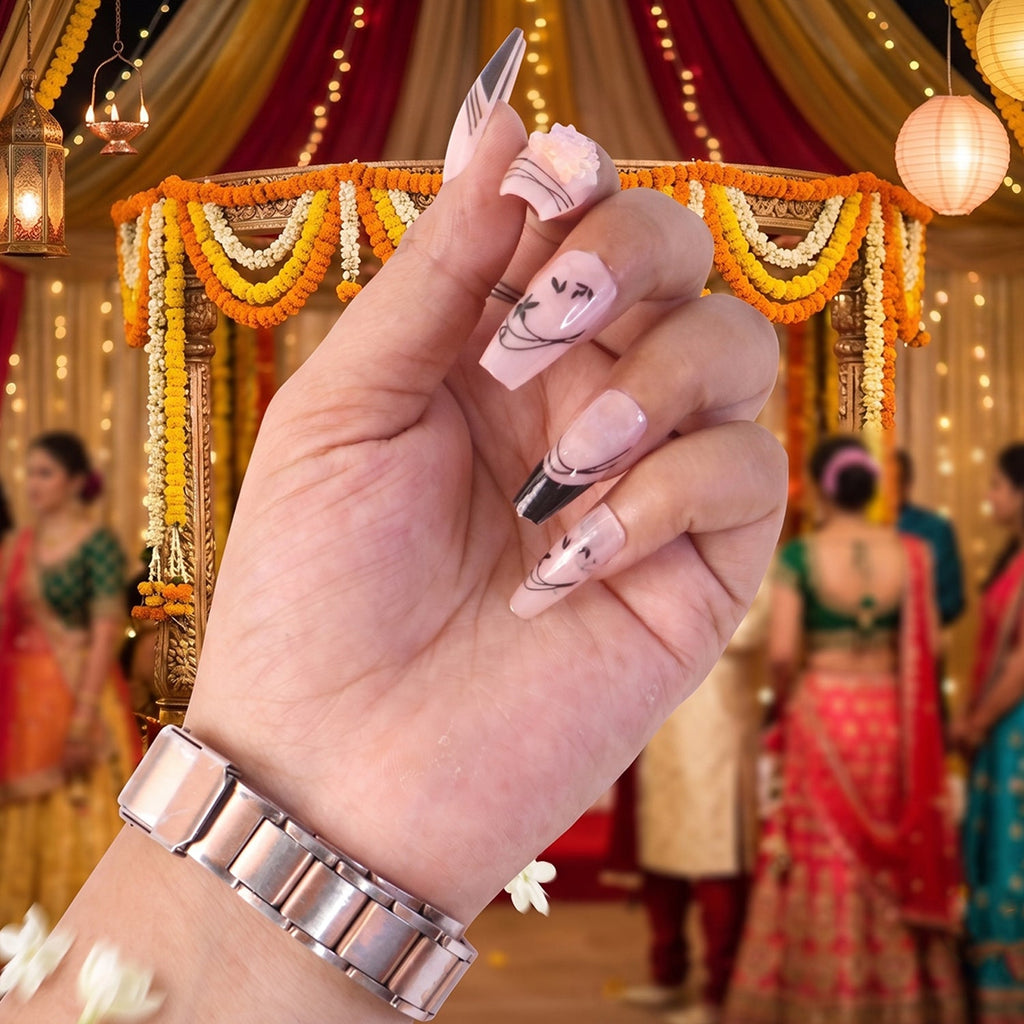 Side view showing burgundy and white floral pattern on artificial press-on nails