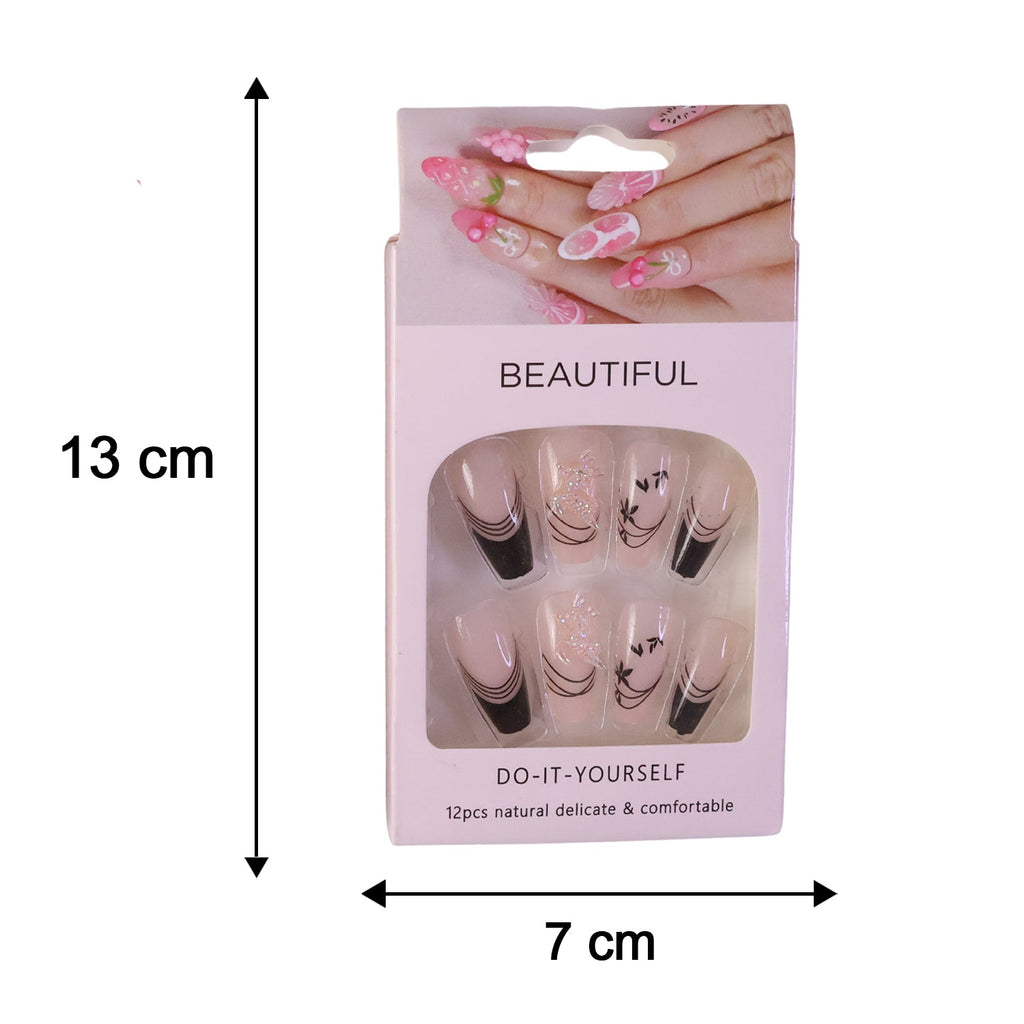 Various sizes of burgundy artificial press-on nails arranged to fit all fingers