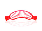 Food-grade plastic banana slicer with ergonomic handle for safe cutting.