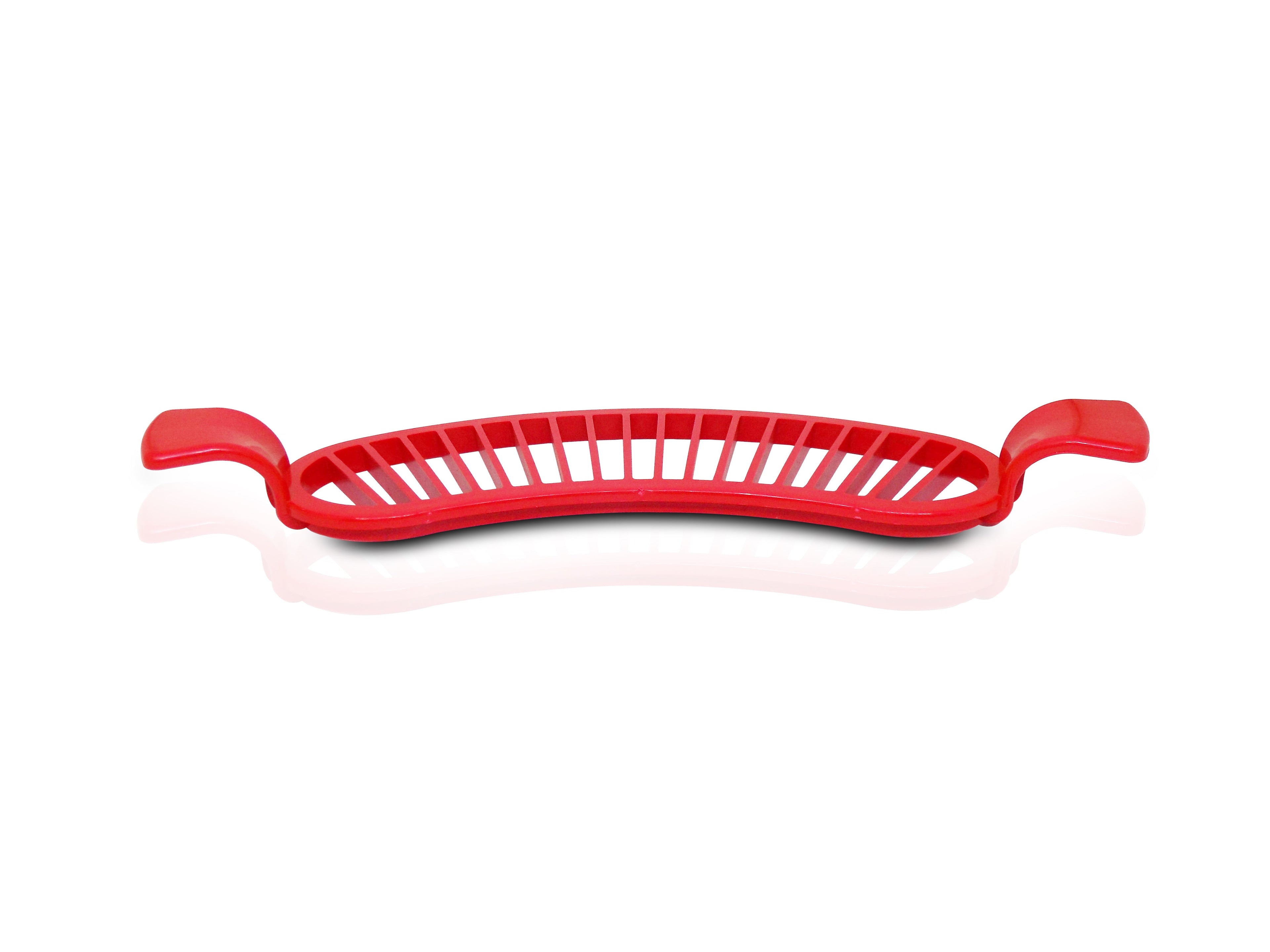 Close-up of the banana slicer's handle and cutting blades for precise use.