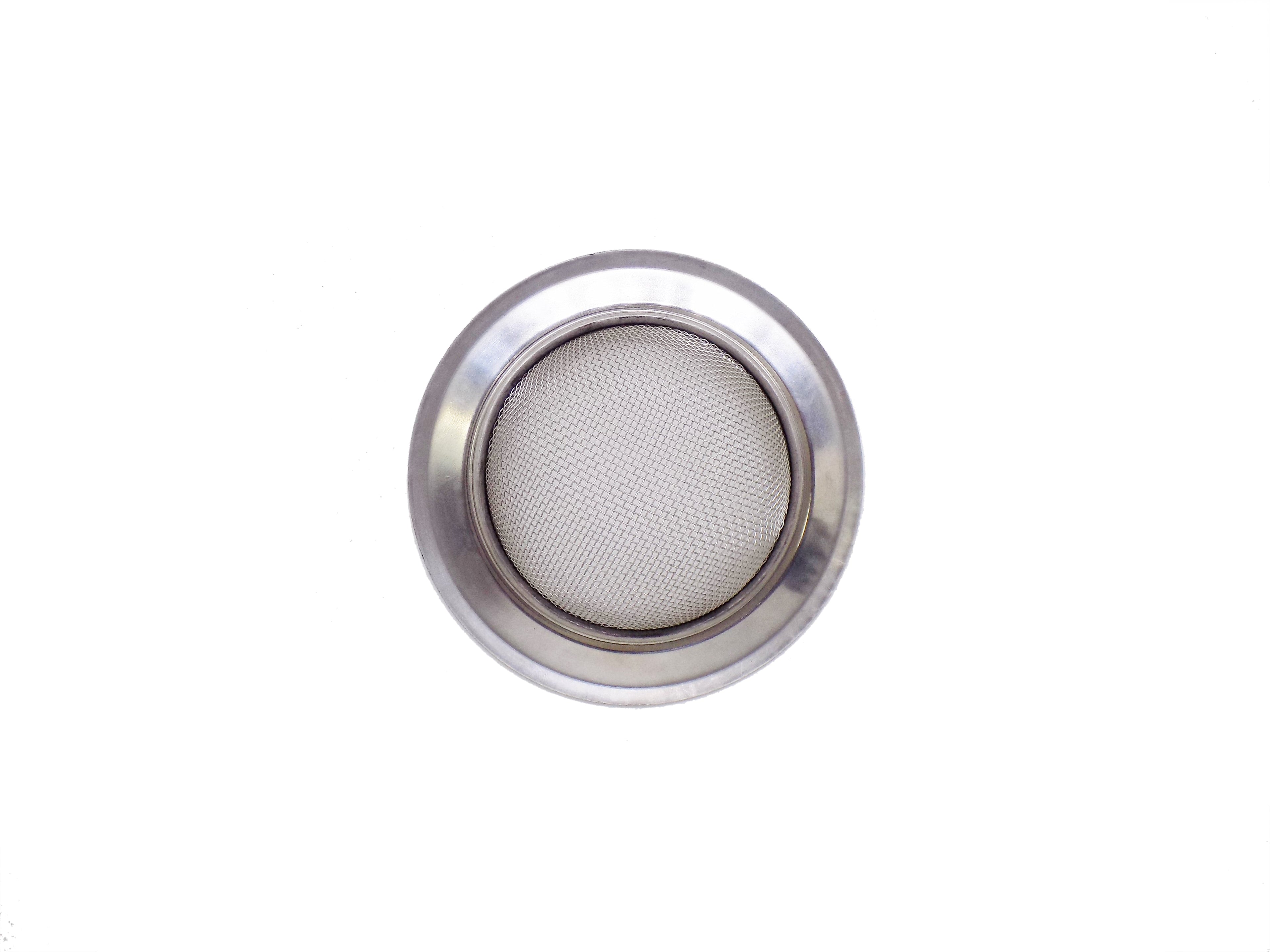 Stainless steel drain strainer placed inside a kitchen sink, ready for use.