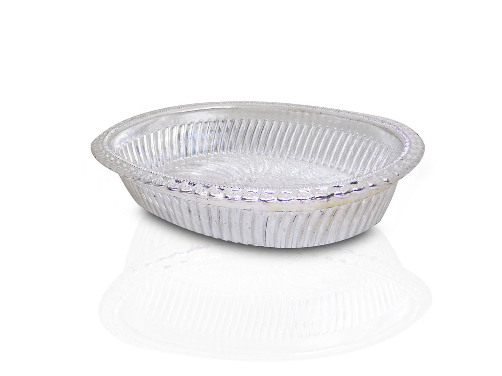 Side view of a shining silver gift tray, perfect for festive occasions.