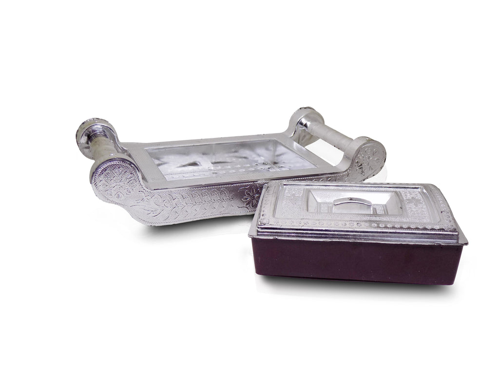 Royal design silver gift box with four compartments, ready for festive gifting.