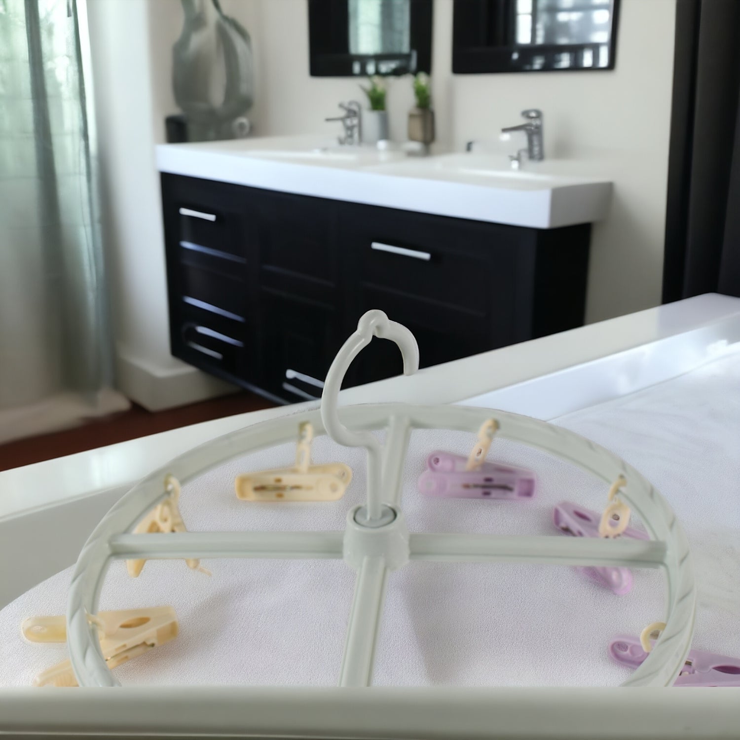 Compact hanging drying rack with multiple clothespin clips