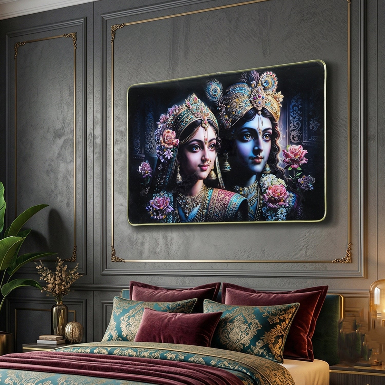 Sturdy engineered wood frame with Radha Krishna artwork