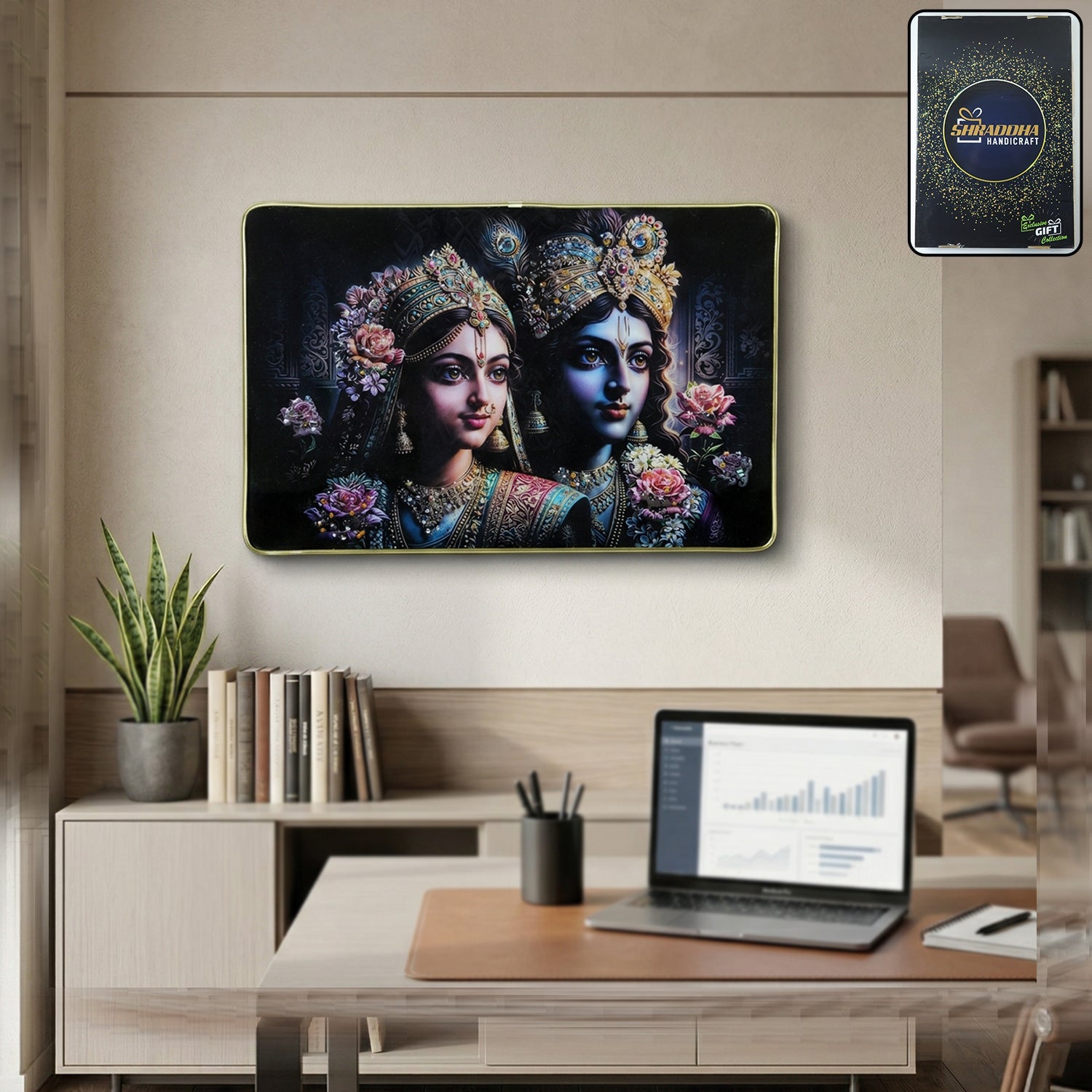 Decorative Radha Krishna wall art framed for home or temple decor