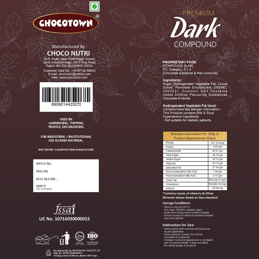 Premium Dark Chocolate Compound slab from Chocotown.
