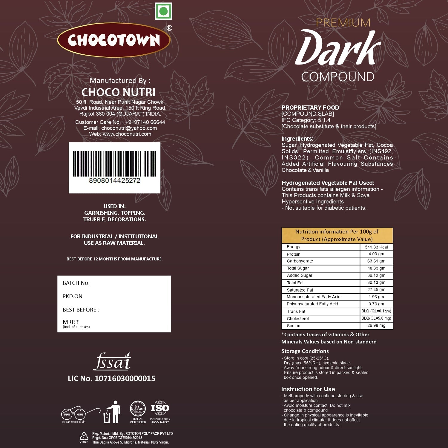 Premium Dark Chocolate Compound slab from Chocotown.