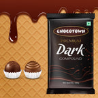 Pieces of Chocotown Dark Chocolate Compound, ideal for melting.